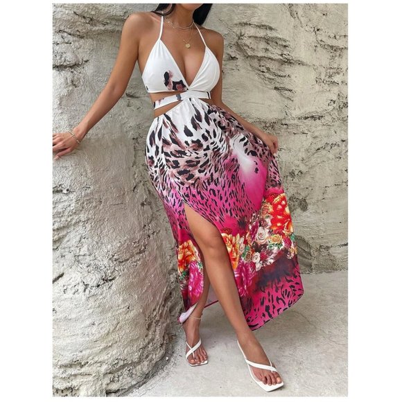 VCAY Floral & Leopard Print Cut Out Tie Backless Split Thigh Halter Dress - Picture 4 of 5